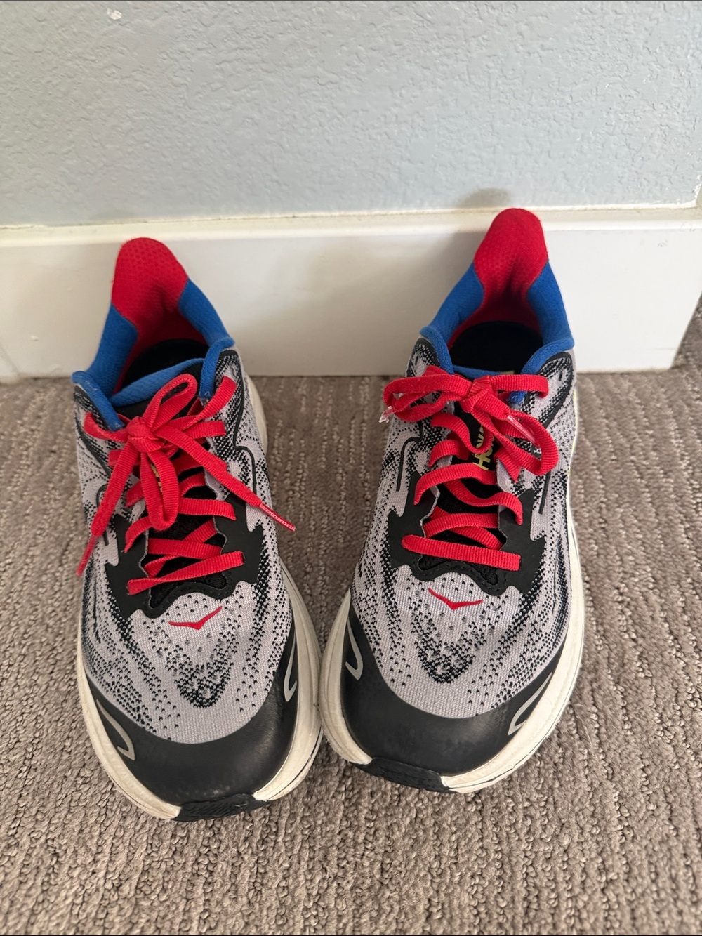 Hoka Kids Gray Sneakers with Red Laces and Blue Collar